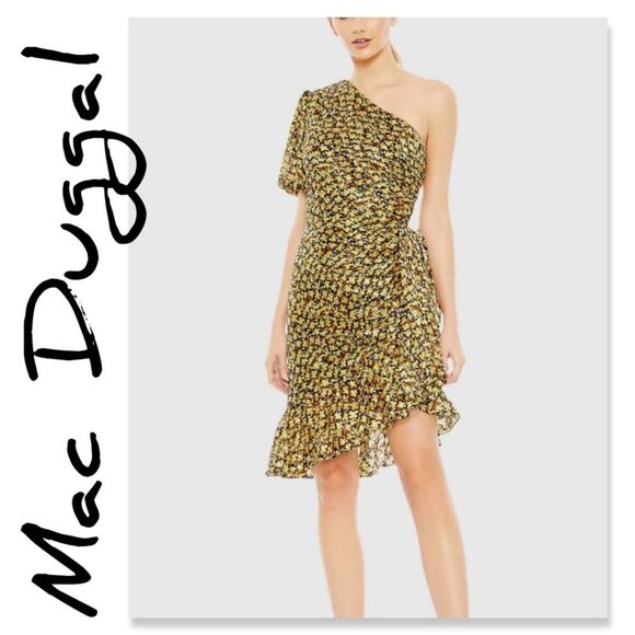 NWT Ieena for Mac Duggal Floral Print Draped One Sleeve Ruffled Hem Dress - Picture 1 of 8